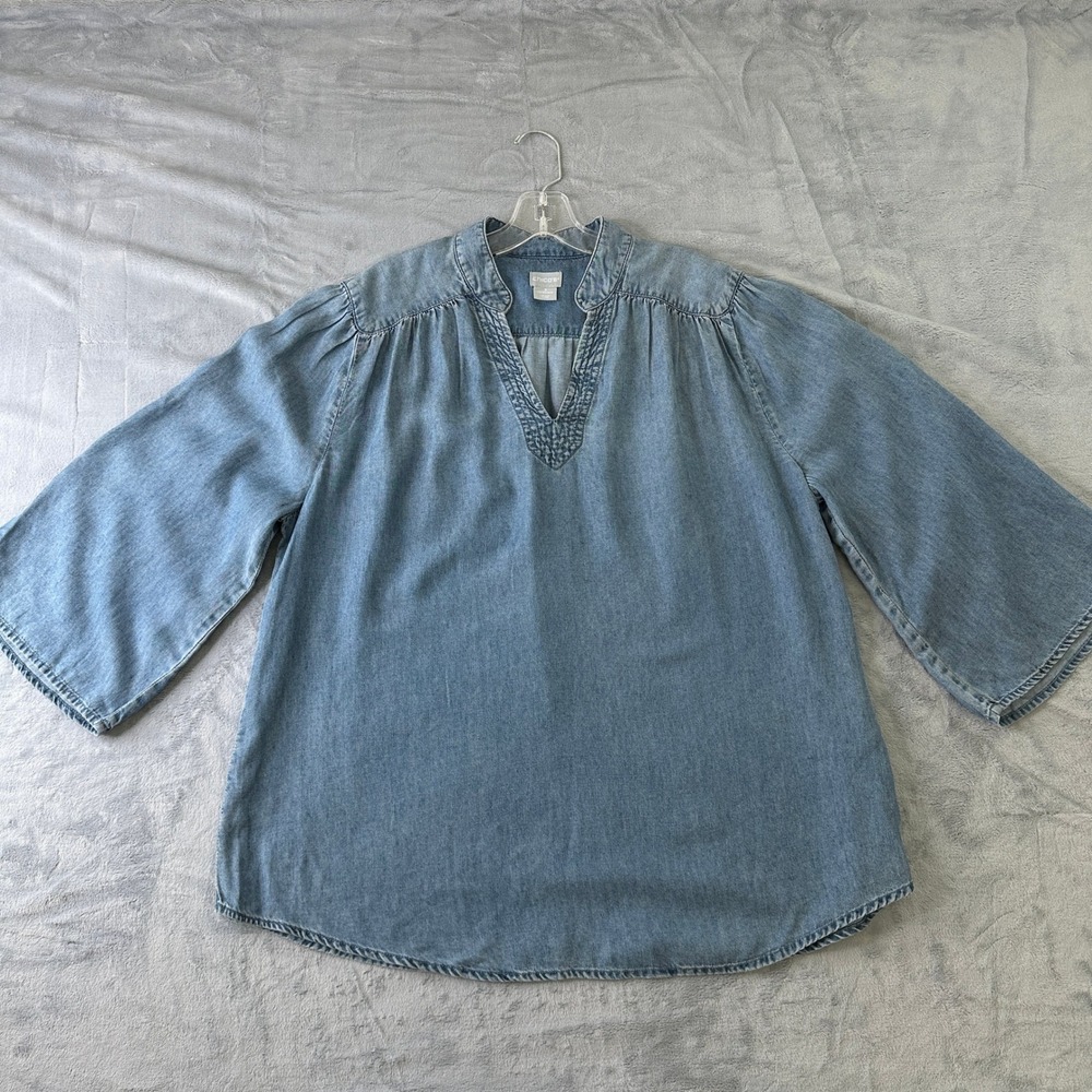 Chicos Womens Blue Lyocell Linen V-Neck Tunic Blouse Size 3 XL 16/18 Denim Look
